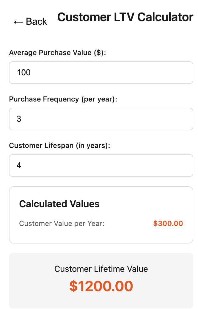 Customer LTV Calculator Interface