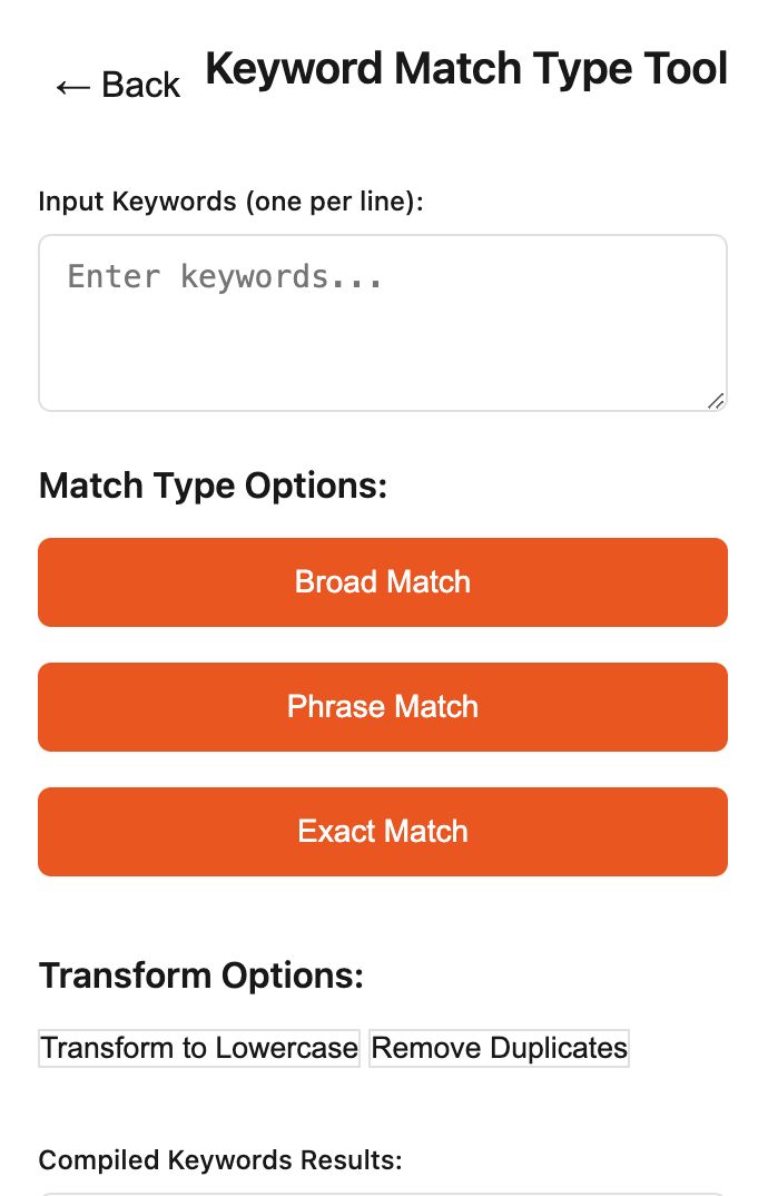 Keyword Match Type Tool Interface