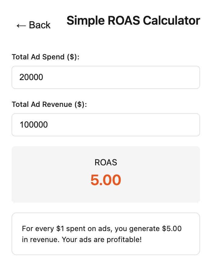 Simple ROAS Calculator Interface