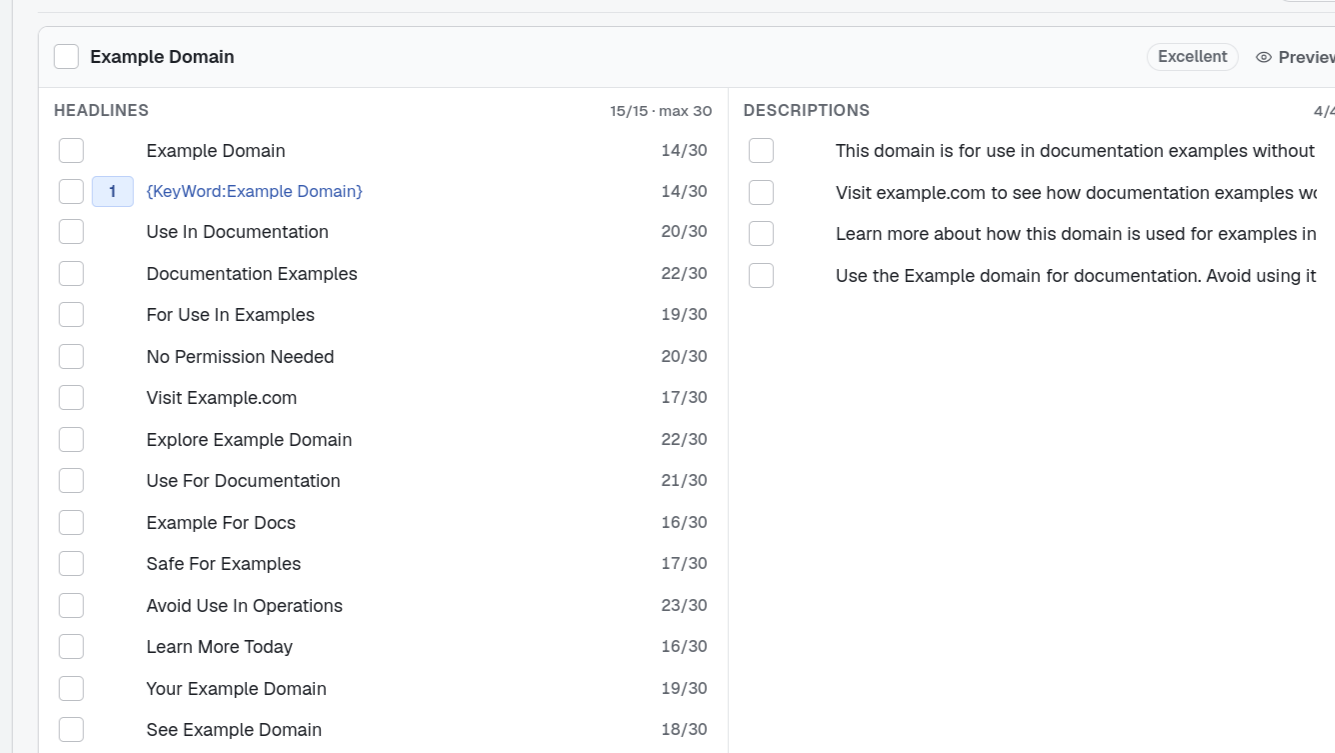 Adgineer ads grid: 15 headlines and 4 descriptions per RSA with live 30/90 character counts, a pinned headline, Dynamic Keyword Insertion, and an ad-strength rating.