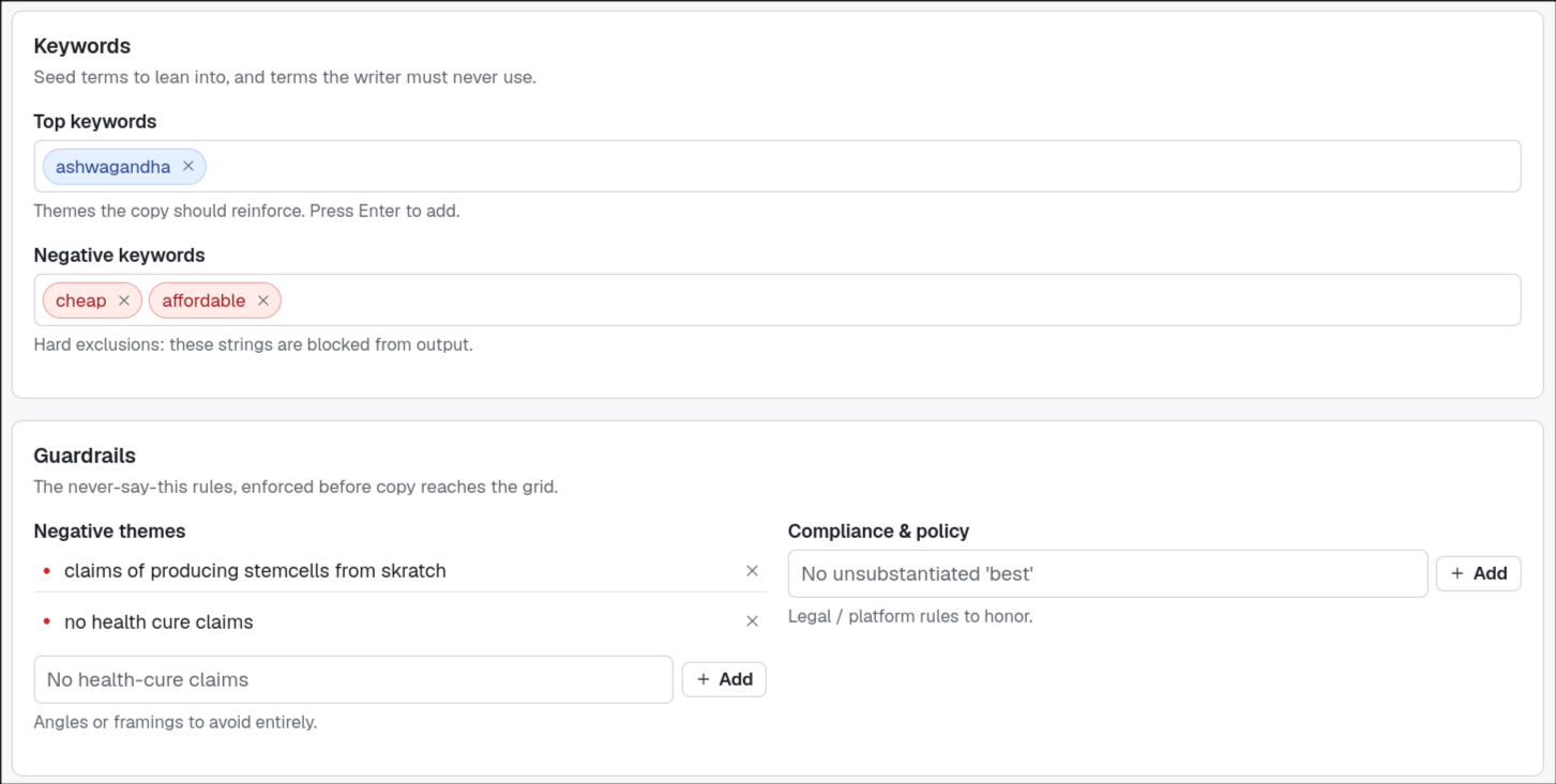 Adgineer client context editor: top keywords, negative keywords, negative themes, and compliance rules for a client.