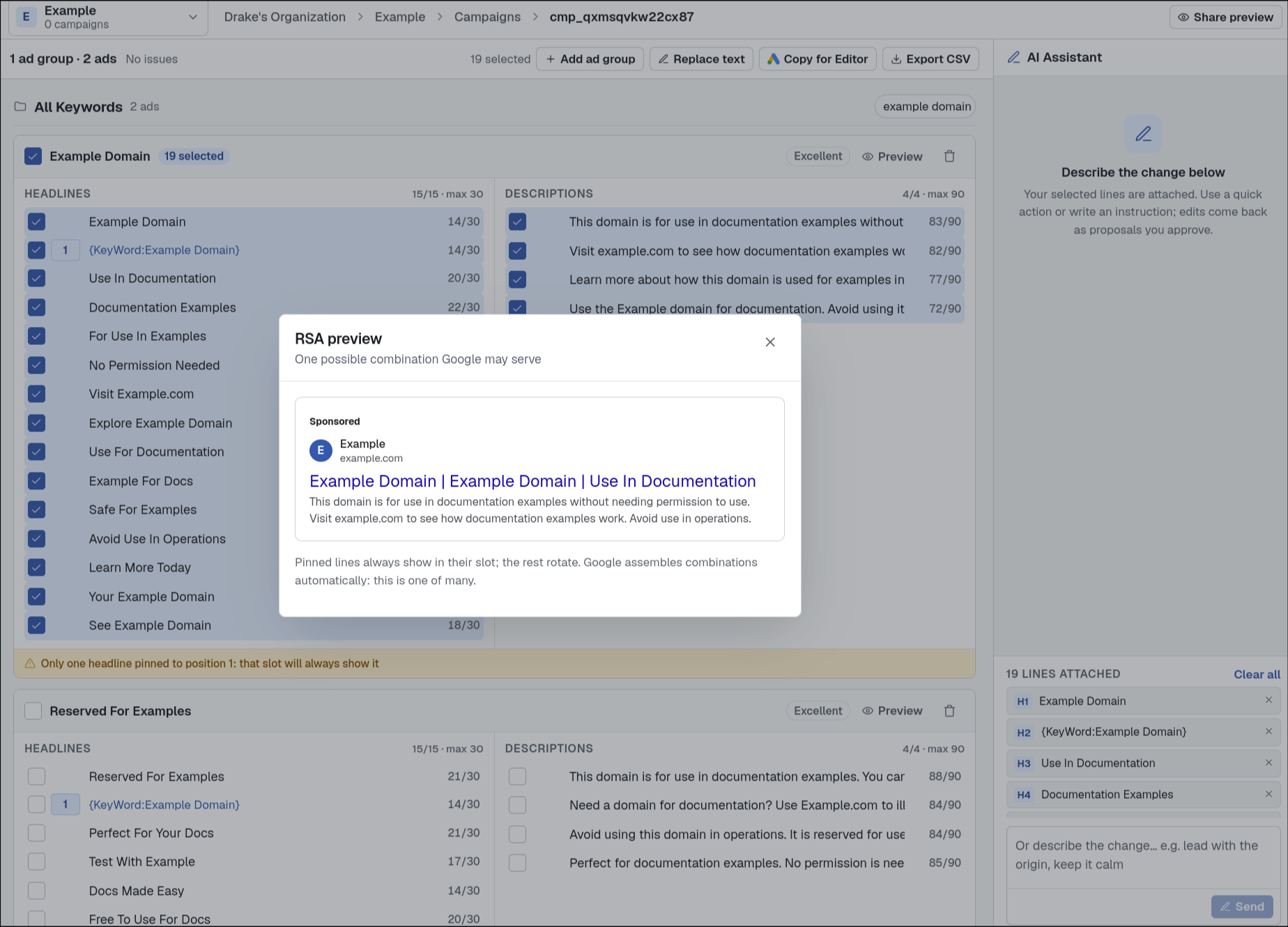 Adgineer ads grid: 15 headlines and 4 descriptions per RSA with live character counts, a pinned Dynamic Keyword Insertion line, and the RSA preview open.