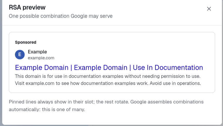 Adgineer RSA preview: one possible combination Google may serve, rendered as a real Sponsored search result before export.